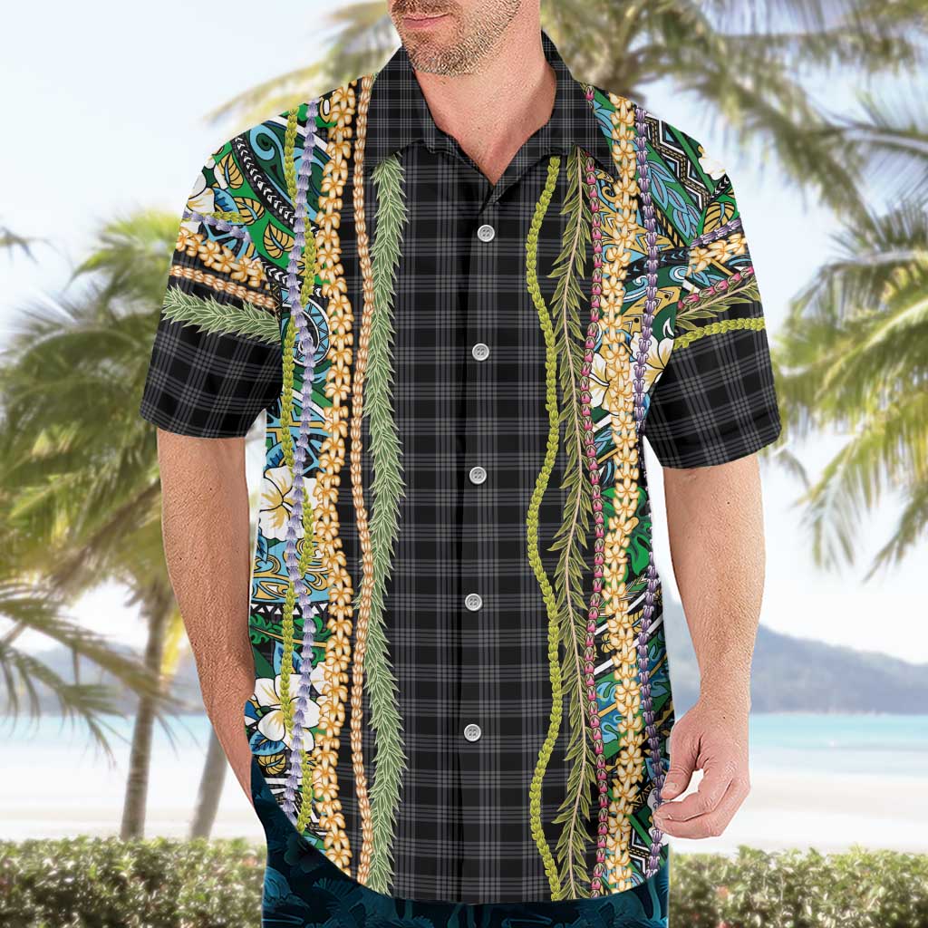 Hawaiian Art Flower Tribal with Lei Hawaiian Shirt Palaka Pattern Black Color - Polynesian Pride