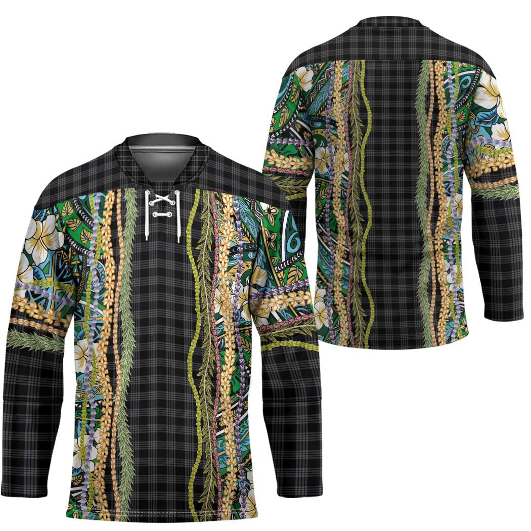 Hawaiian Art Flower Tribal with Lei Hockey Jersey Palaka Pattern Black Color - Polynesian Pride