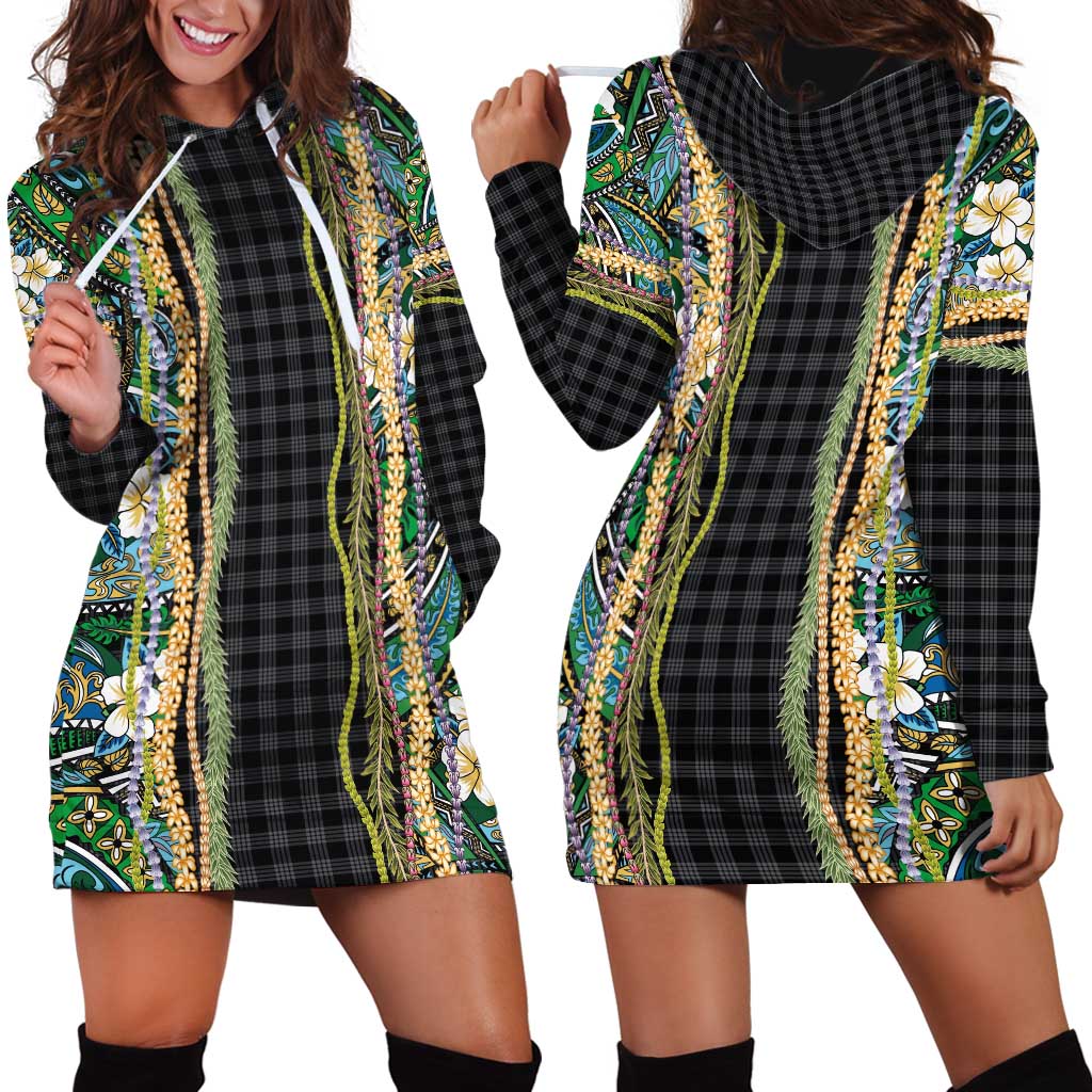 Hawaiian Art Flower Tribal with Lei Hoodie Dress Palaka Pattern Black Color LT03 - Polynesian Pride