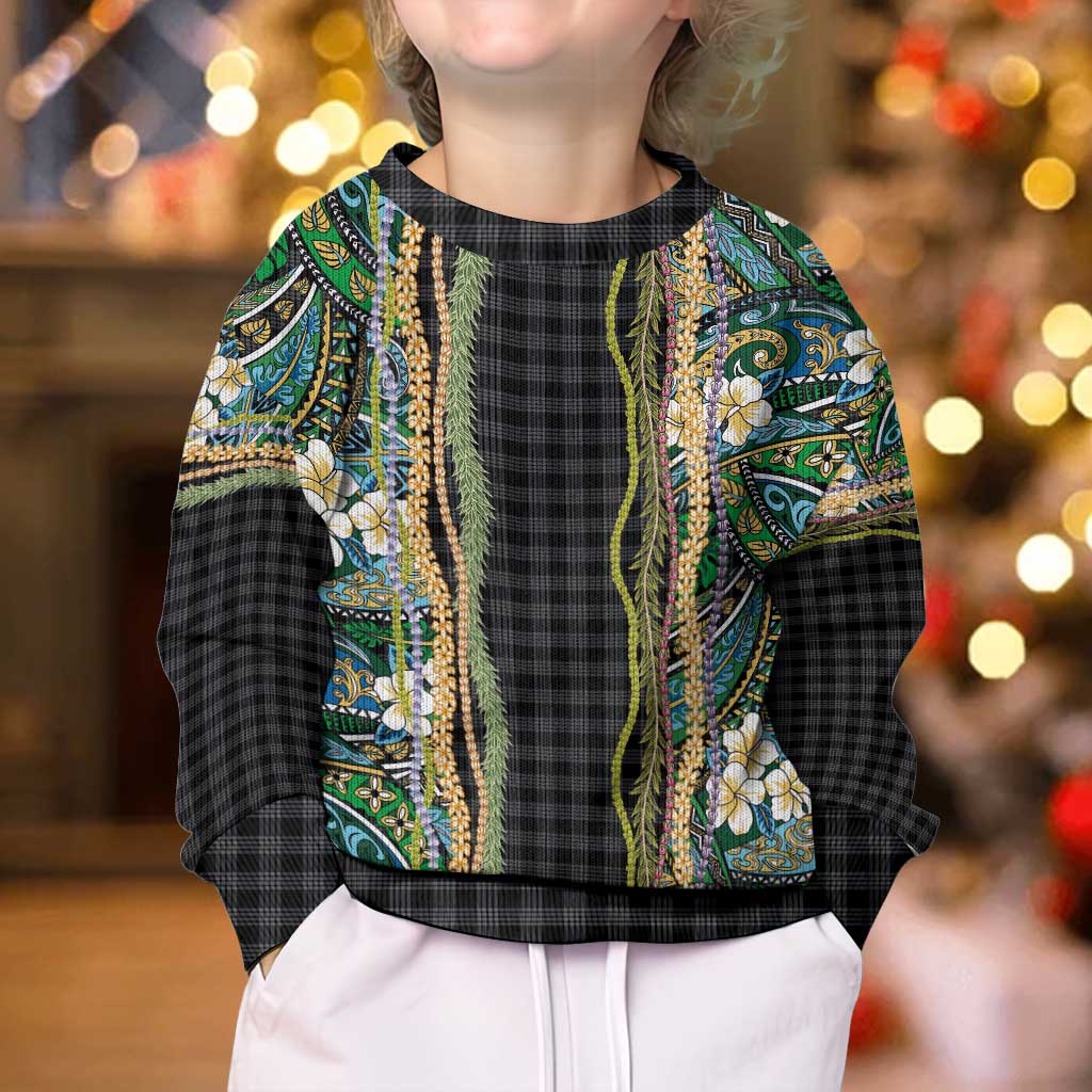 Hawaiian Art Flower Tribal with Lei Kid Ugly Christmas Sweater Palaka Pattern Black Color - Polynesian Pride