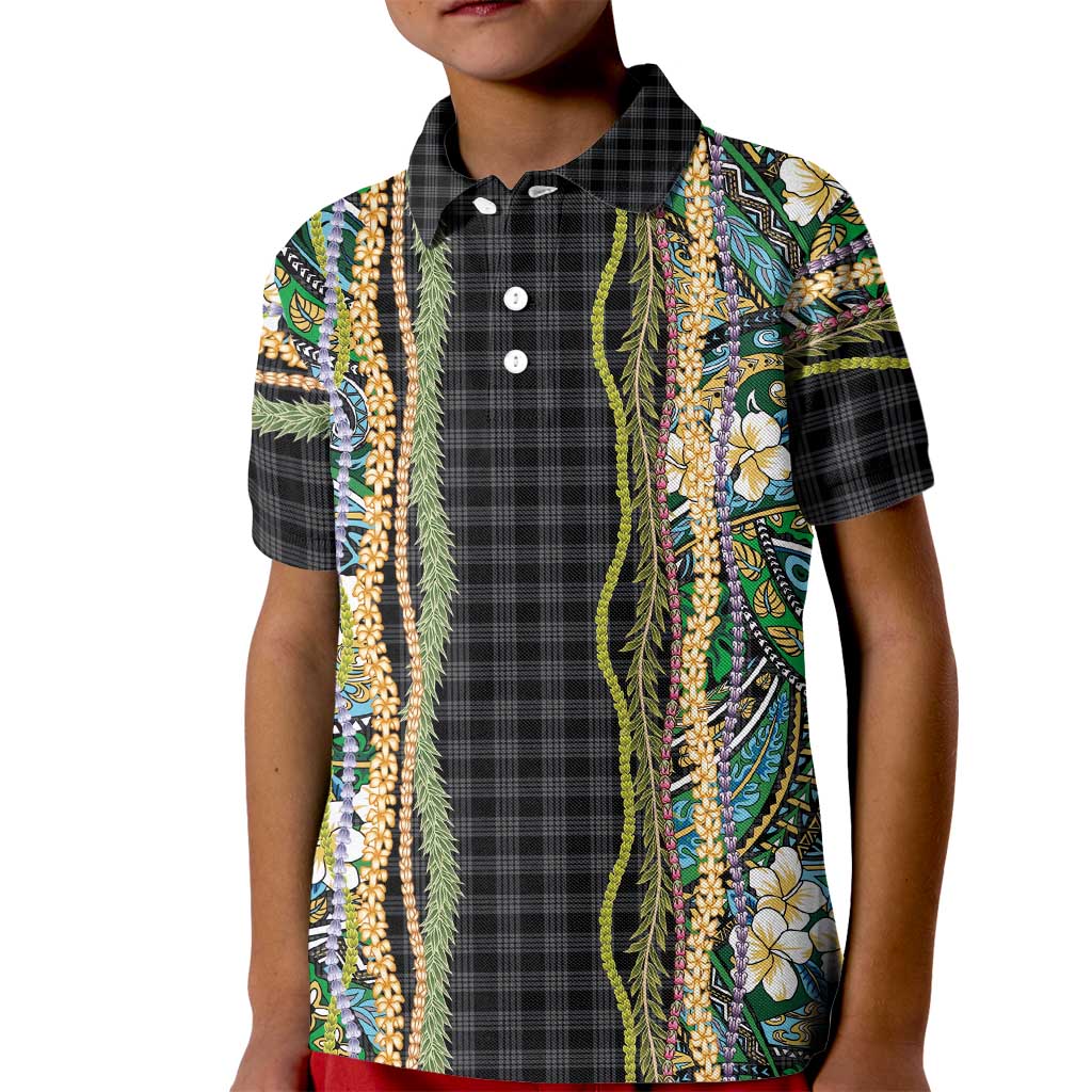 Hawaiian Art Flower Tribal with Lei Kid Polo Shirt Palaka Pattern Black Color - Polynesian Pride