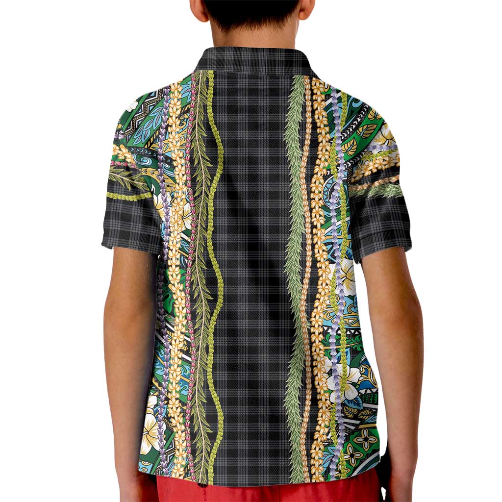 Hawaiian Art Flower Tribal with Lei Kid Polo Shirt Palaka Pattern Black Color - Polynesian Pride