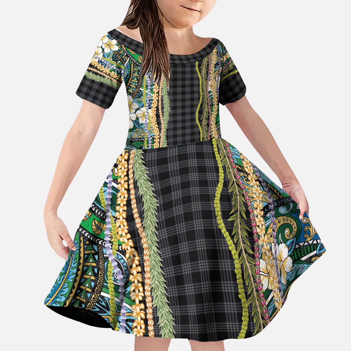 Hawaiian Art Flower Tribal with Lei Kid Short Sleeve Dress Palaka Pattern Black Color - Polynesian Pride