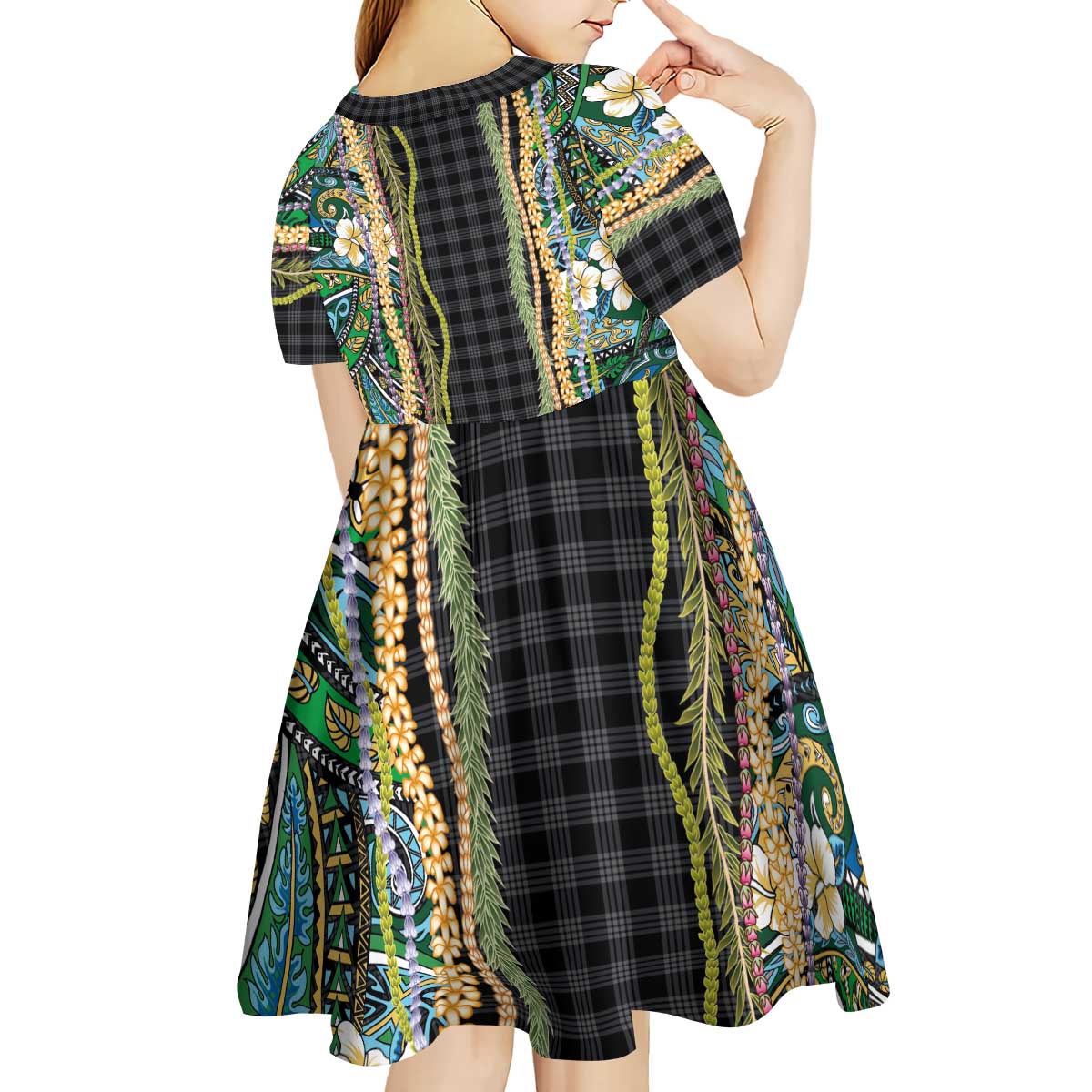 Hawaiian Art Flower Tribal with Lei Kid Short Sleeve Dress Palaka Pattern Black Color LT03 - Polynesian Pride