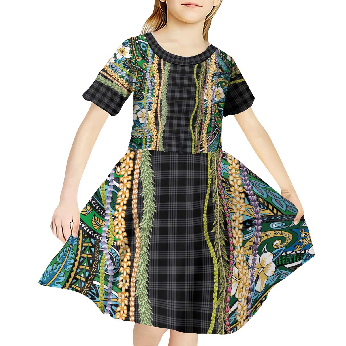 Hawaiian Art Flower Tribal with Lei Kid Short Sleeve Dress Palaka Pattern Black Color LT03 - Polynesian Pride