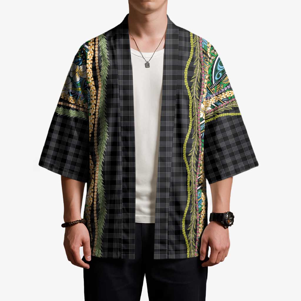 Hawaiian Art Flower Tribal with Lei Kimono Palaka Pattern Black Color - Polynesian Pride