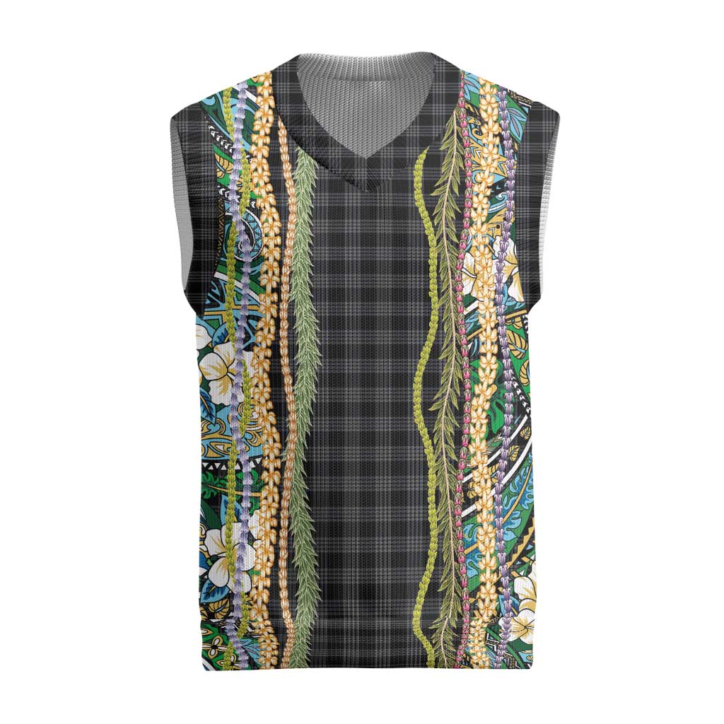 Hawaiian Art Flower Tribal with Lei Christmas Knitted V-Neck Vest Palaka Pattern Black Color LT03 Black - Polynesian Pride