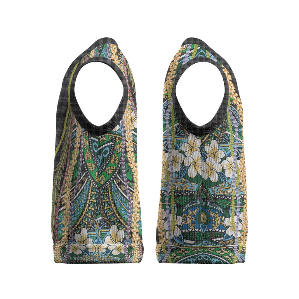 Hawaiian Art Flower Tribal with Lei Christmas Knitted V-Neck Vest Palaka Pattern Black Color LT03 - Polynesian Pride