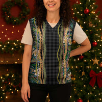 Hawaiian Art Flower Tribal with Lei Christmas Knitted V-Neck Vest Palaka Pattern Black Color LT03 - Polynesian Pride