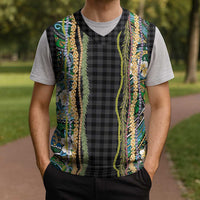 Hawaiian Art Flower Tribal with Lei Christmas Knitted V-Neck Vest Palaka Pattern Black Color LT03 - Polynesian Pride