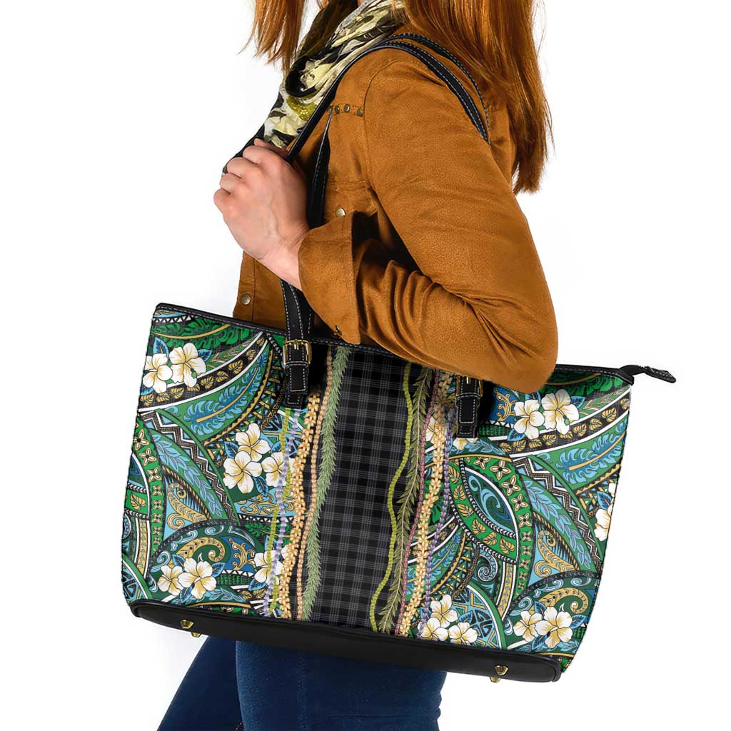 Hawaiian Art Flower Tribal with Lei Leather Tote Bag Palaka Pattern Black Color LT03 Black - Polynesian Pride