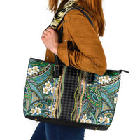 Hawaiian Art Flower Tribal with Lei Leather Tote Bag Palaka Pattern Black Color LT03 Black - Polynesian Pride