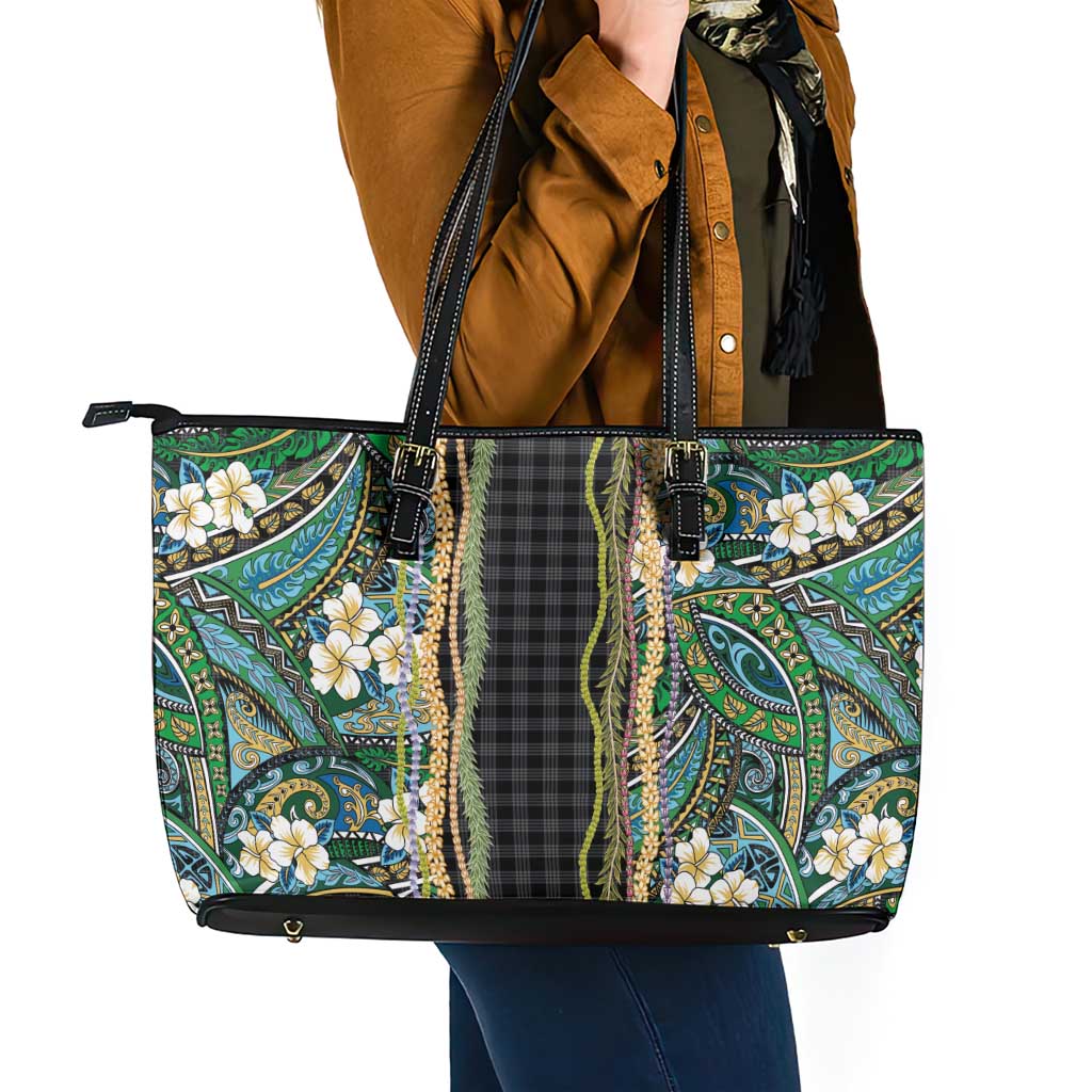 Hawaiian Art Flower Tribal with Lei Leather Tote Bag Palaka Pattern Black Color LT03 - Polynesian Pride