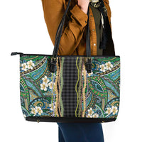 Hawaiian Art Flower Tribal with Lei Leather Tote Bag Palaka Pattern Black Color LT03 - Polynesian Pride