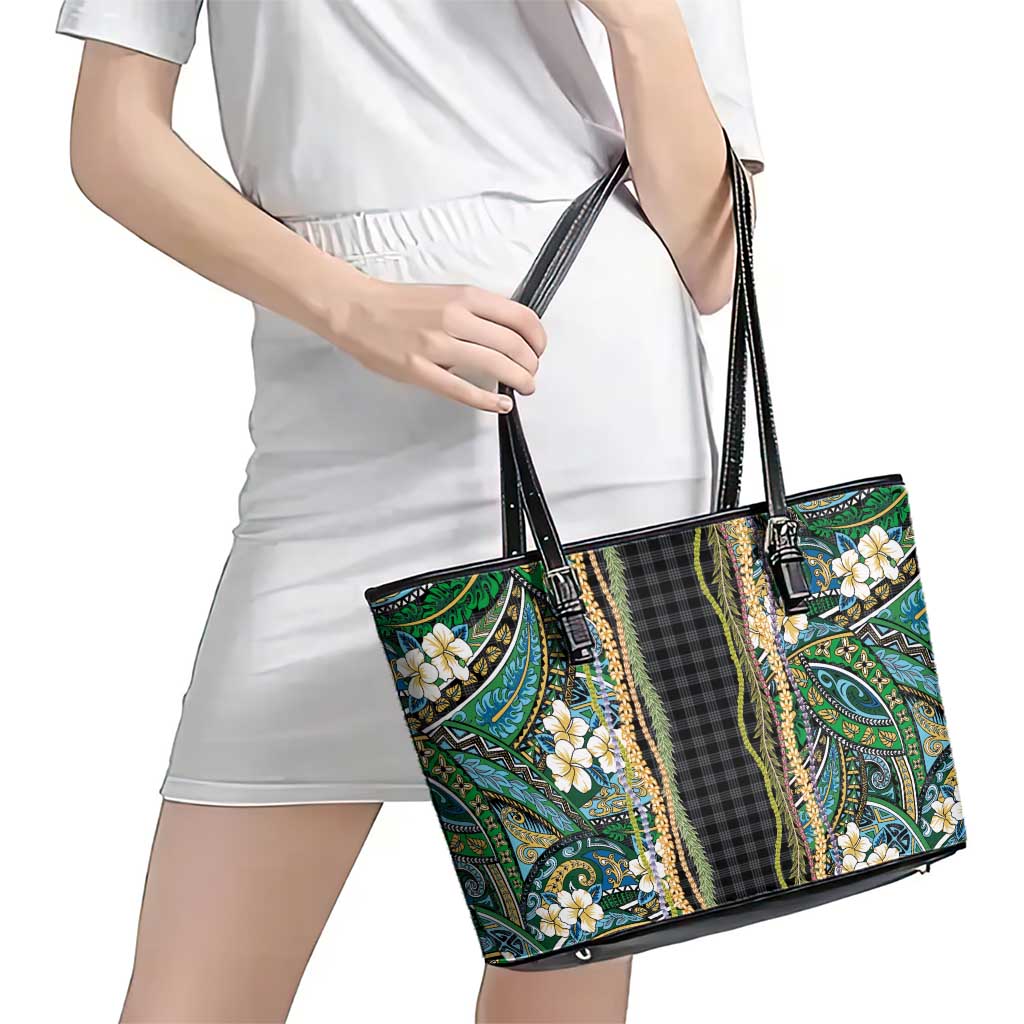 Hawaiian Art Flower Tribal with Lei Leather Tote Bag Palaka Pattern Black Color LT03 - Polynesian Pride