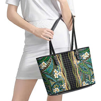 Hawaiian Art Flower Tribal with Lei Leather Tote Bag Palaka Pattern Black Color LT03 - Polynesian Pride