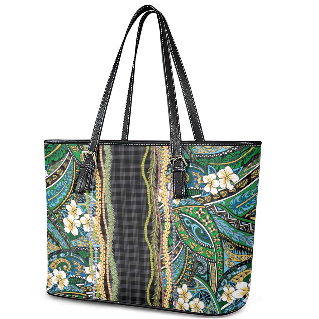 Hawaiian Art Flower Tribal with Lei Leather Tote Bag Palaka Pattern Black Color LT03 - Polynesian Pride
