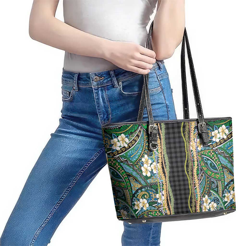Hawaiian Art Flower Tribal with Lei Leather Tote Bag Palaka Pattern Black Color LT03 - Polynesian Pride