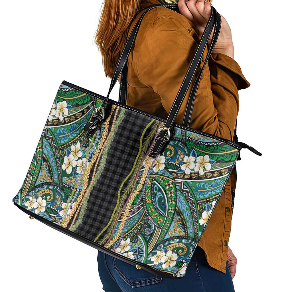 Hawaiian Art Flower Tribal with Lei Leather Tote Bag Palaka Pattern Black Color LT03 - Polynesian Pride