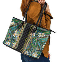 Hawaiian Art Flower Tribal with Lei Leather Tote Bag Palaka Pattern Black Color LT03 - Polynesian Pride