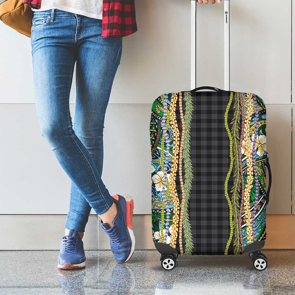 Hawaiian Art Flower Tribal with Lei Luggage Cover Palaka Pattern Black Color - Polynesian Pride