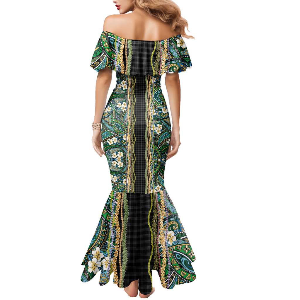 Hawaiian Art Flower Tribal with Lei Mermaid Dress Palaka Pattern Black Color LT03 - Polynesian Pride