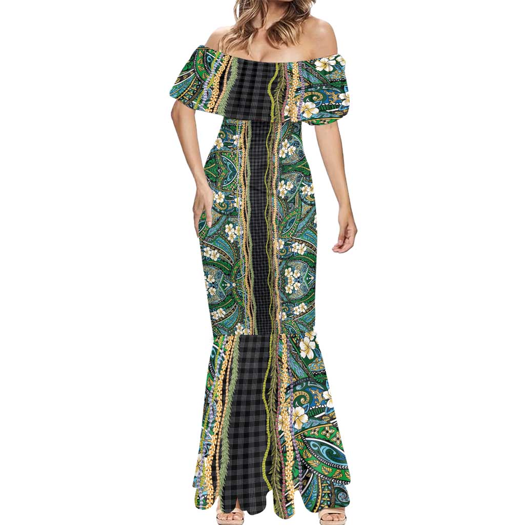 Hawaiian Art Flower Tribal with Lei Mermaid Dress Palaka Pattern Black Color LT03 - Polynesian Pride