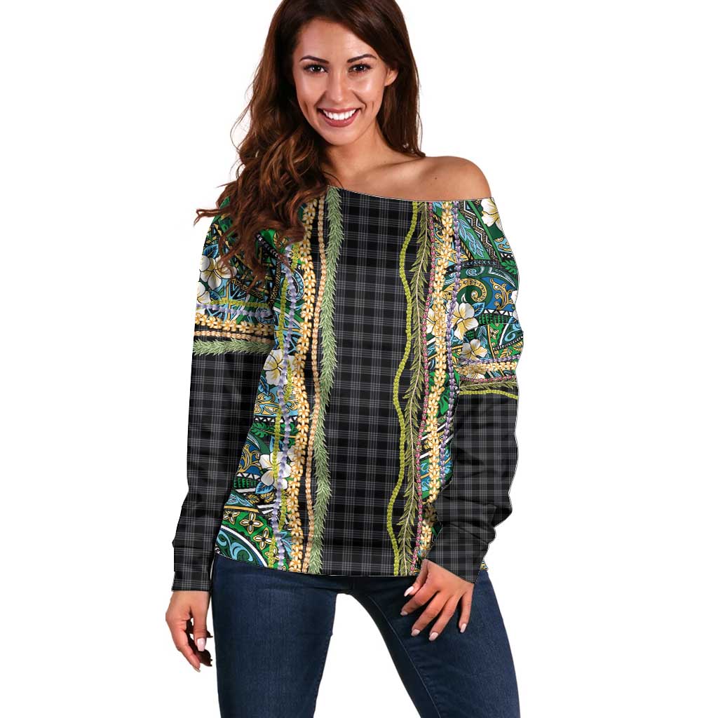 Hawaiian Art Flower Tribal with Lei Off Shoulder Sweater Palaka Pattern Black Color LT03 Women Black - Polynesian Pride