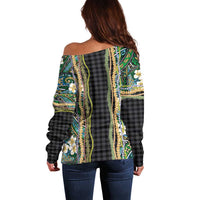 Hawaiian Art Flower Tribal with Lei Off Shoulder Sweater Palaka Pattern Black Color LT03 - Polynesian Pride