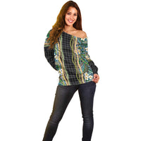 Hawaiian Art Flower Tribal with Lei Off Shoulder Sweater Palaka Pattern Black Color LT03 - Polynesian Pride