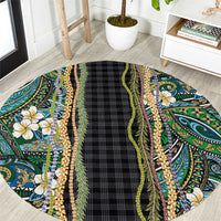 Hawaiian Art Flower Tribal with Lei Round Carpet Palaka Pattern Black Color LT03 Black - Polynesian Pride