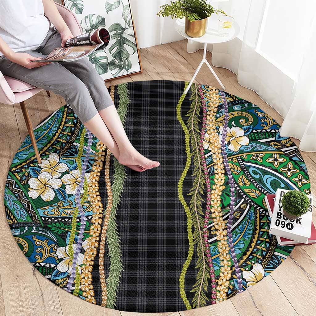 Hawaiian Art Flower Tribal with Lei Round Carpet Palaka Pattern Black Color LT03 - Polynesian Pride