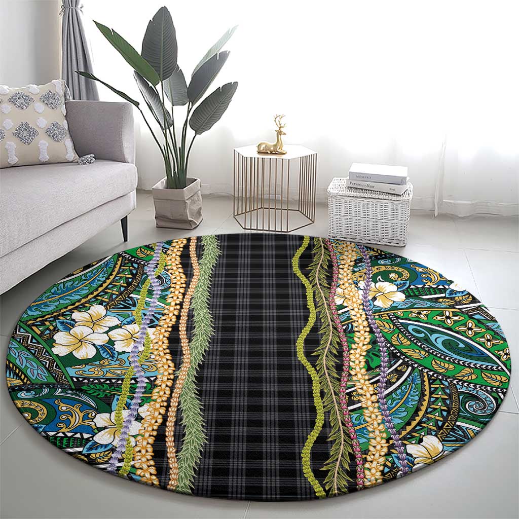 Hawaiian Art Flower Tribal with Lei Round Carpet Palaka Pattern Black Color LT03 - Polynesian Pride