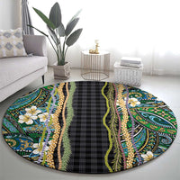 Hawaiian Art Flower Tribal with Lei Round Carpet Palaka Pattern Black Color LT03 - Polynesian Pride
