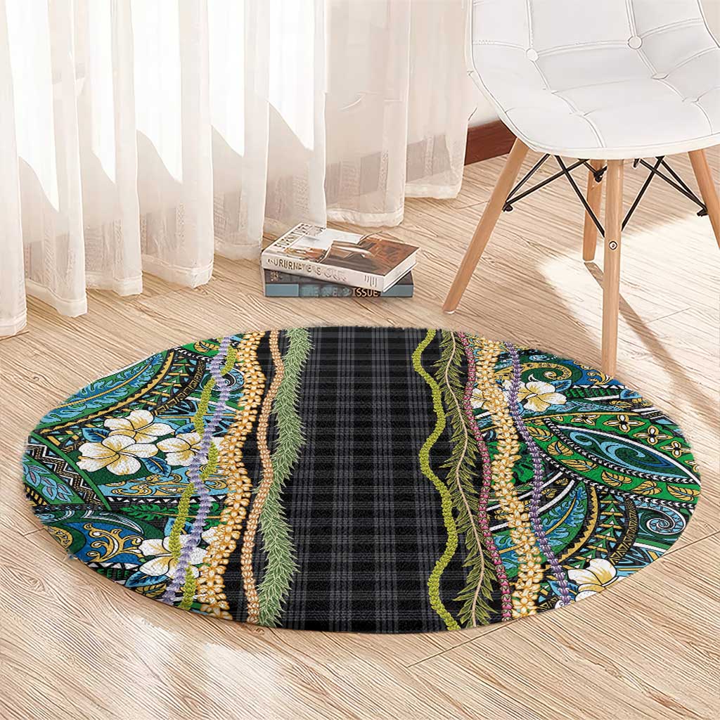 Hawaiian Art Flower Tribal with Lei Round Carpet Palaka Pattern Black Color LT03 - Polynesian Pride