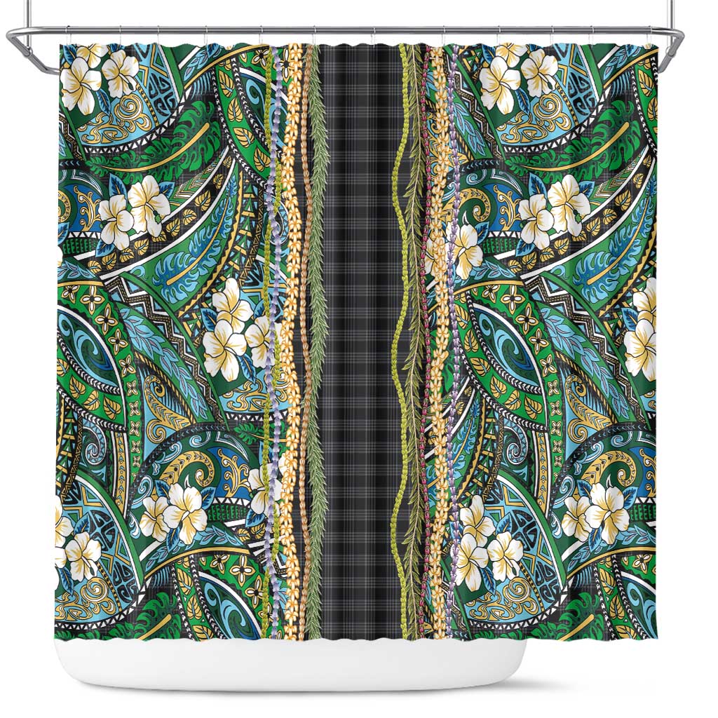 Hawaiian Art Flower Tribal with Lei Shower Curtain Palaka Pattern Black Color LT03 Black - Polynesian Pride