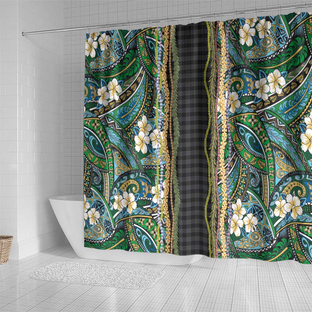 Hawaiian Art Flower Tribal with Lei Shower Curtain Palaka Pattern Black Color LT03 - Polynesian Pride
