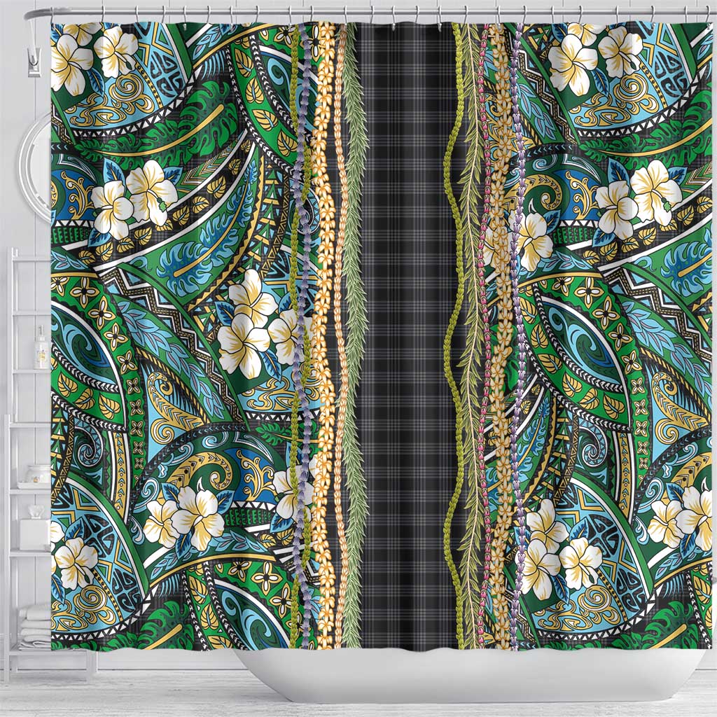 Hawaiian Art Flower Tribal with Lei Shower Curtain Palaka Pattern Black Color LT03 - Polynesian Pride