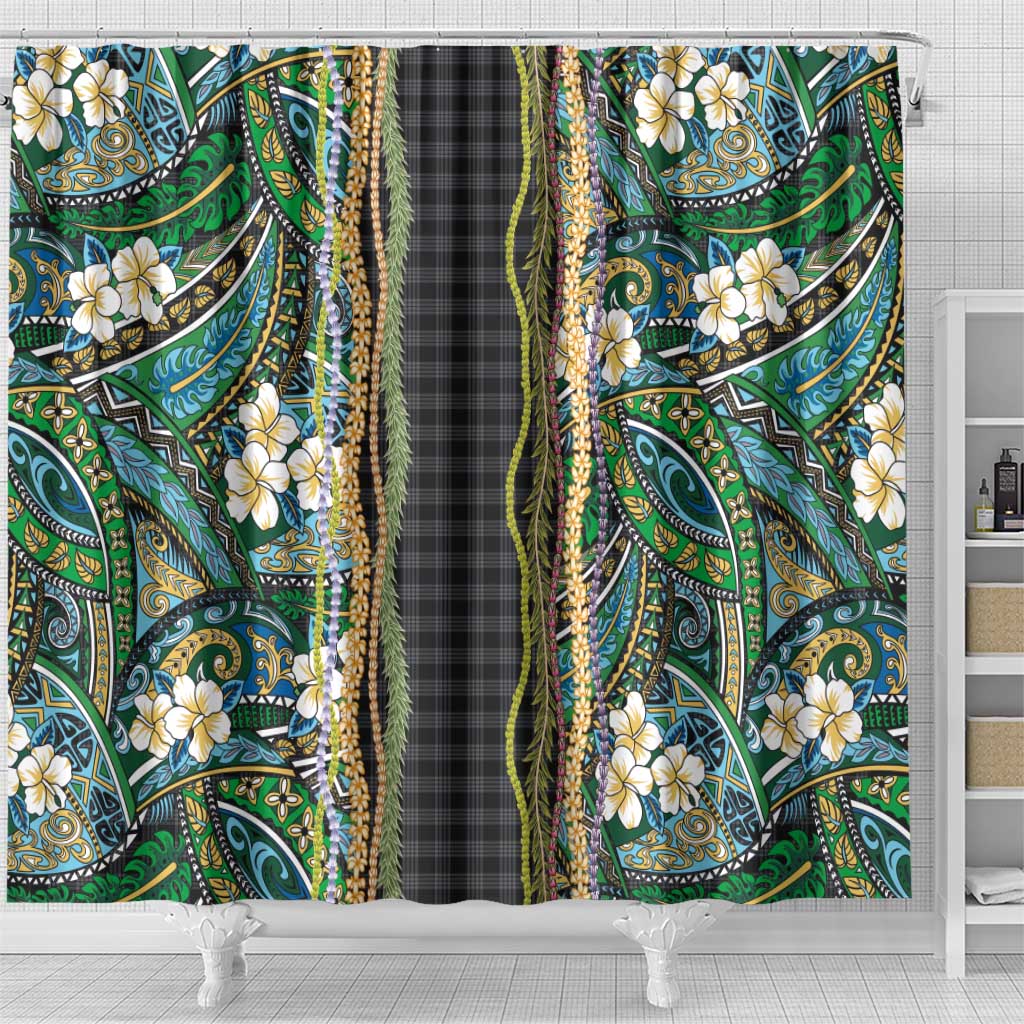 Hawaiian Art Flower Tribal with Lei Shower Curtain Palaka Pattern Black Color LT03 - Polynesian Pride