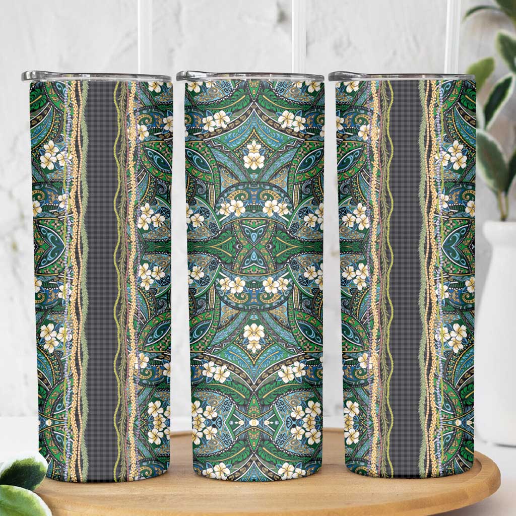Hawaiian Art Flower Tribal with Lei Skinny Tumbler Palaka Pattern Black Color - Polynesian Pride