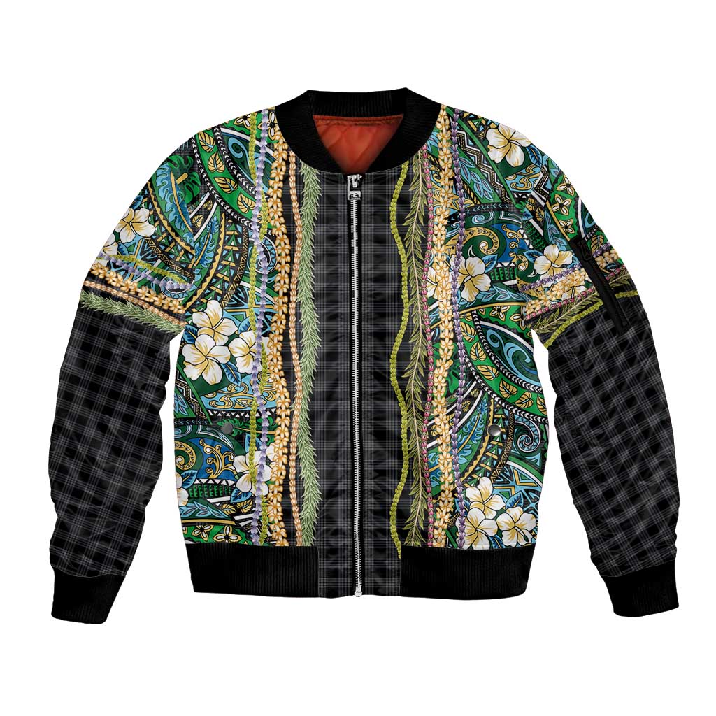 Hawaiian Art Flower Tribal with Lei Sleeve Zip Bomber Jacket Palaka Pattern Black Color LT03 Unisex Black - Polynesian Pride