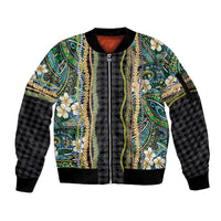 Hawaiian Art Flower Tribal with Lei Sleeve Zip Bomber Jacket Palaka Pattern Black Color LT03 Unisex Black - Polynesian Pride