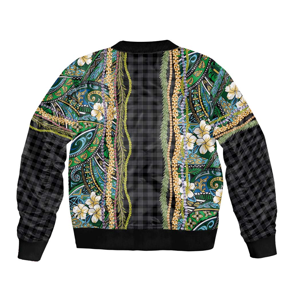 Hawaiian Art Flower Tribal with Lei Sleeve Zip Bomber Jacket Palaka Pattern Black Color LT03 - Polynesian Pride