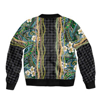 Hawaiian Art Flower Tribal with Lei Sleeve Zip Bomber Jacket Palaka Pattern Black Color LT03 - Polynesian Pride