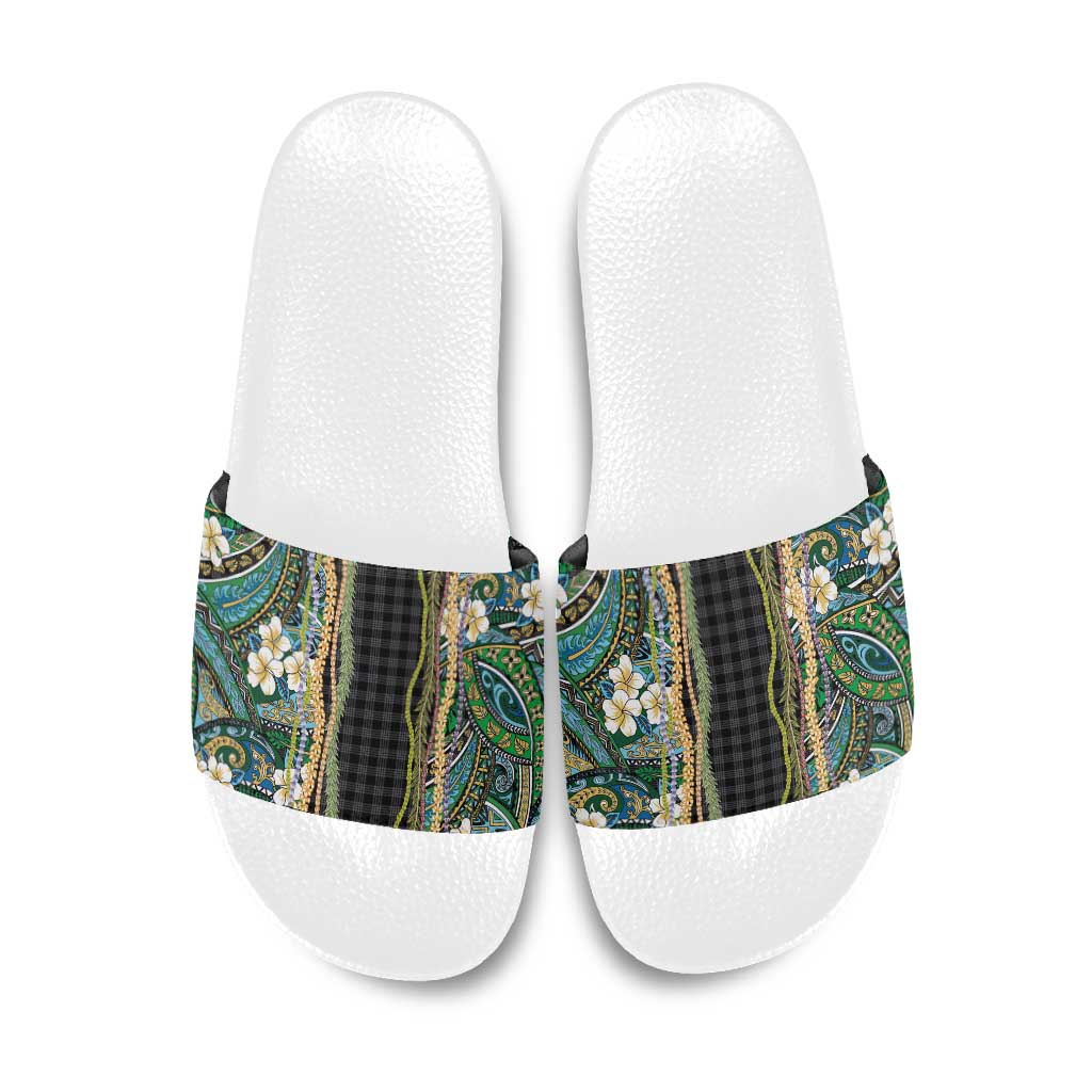 Hawaiian Art Flower Tribal with Lei Slide Sandals Palaka Pattern Black Color LT03 Black - Polynesian Pride