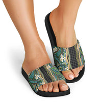 Hawaiian Art Flower Tribal with Lei Slide Sandals Palaka Pattern Black Color LT03 - Polynesian Pride