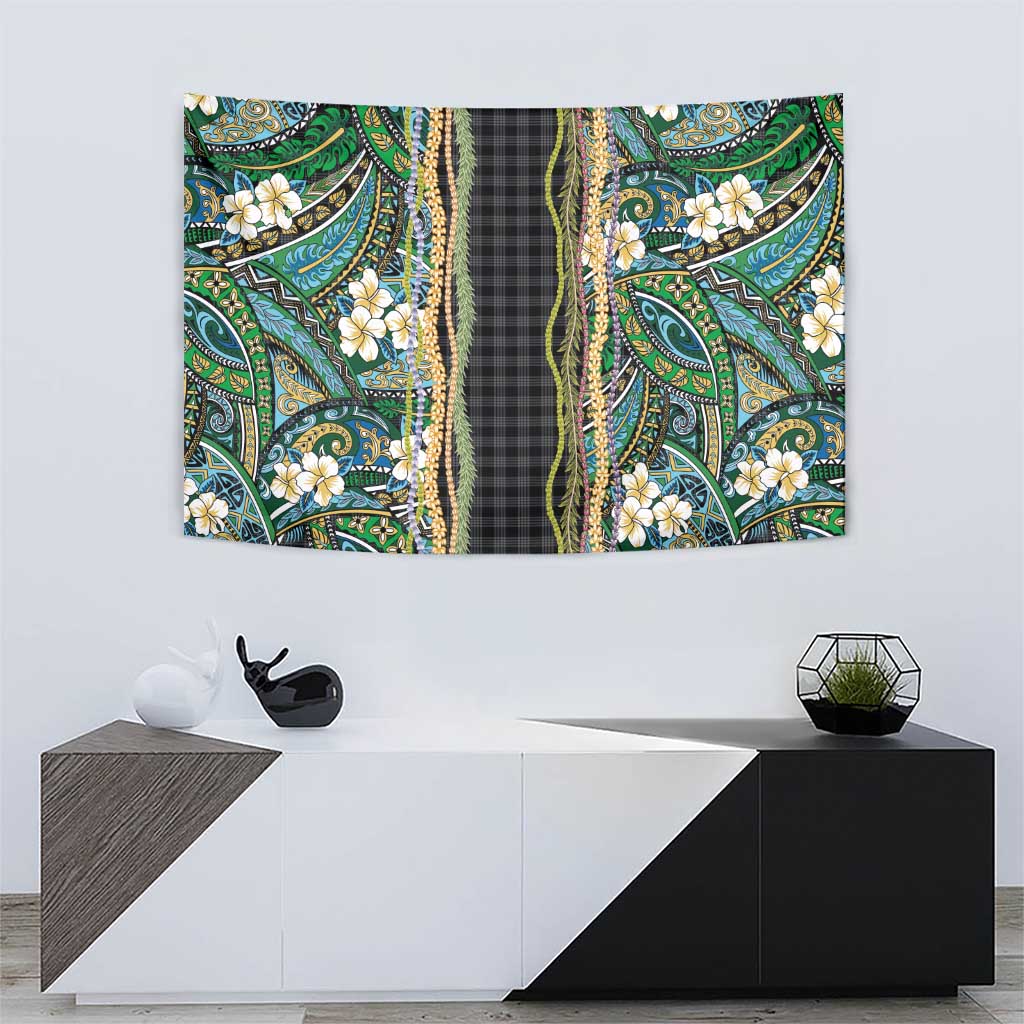 Hawaiian Art Flower Tribal with Lei Tapestry Palaka Pattern Black Color LT03 - Polynesian Pride