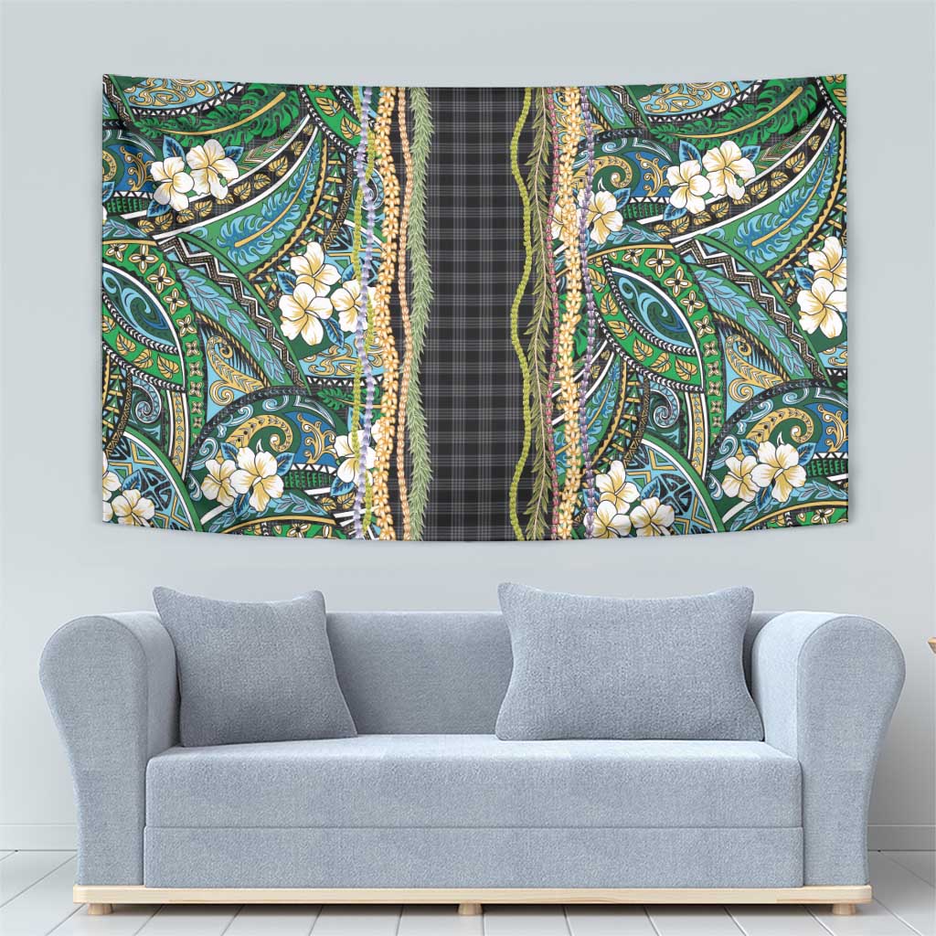 Hawaiian Art Flower Tribal with Lei Tapestry Palaka Pattern Black Color LT03 - Polynesian Pride