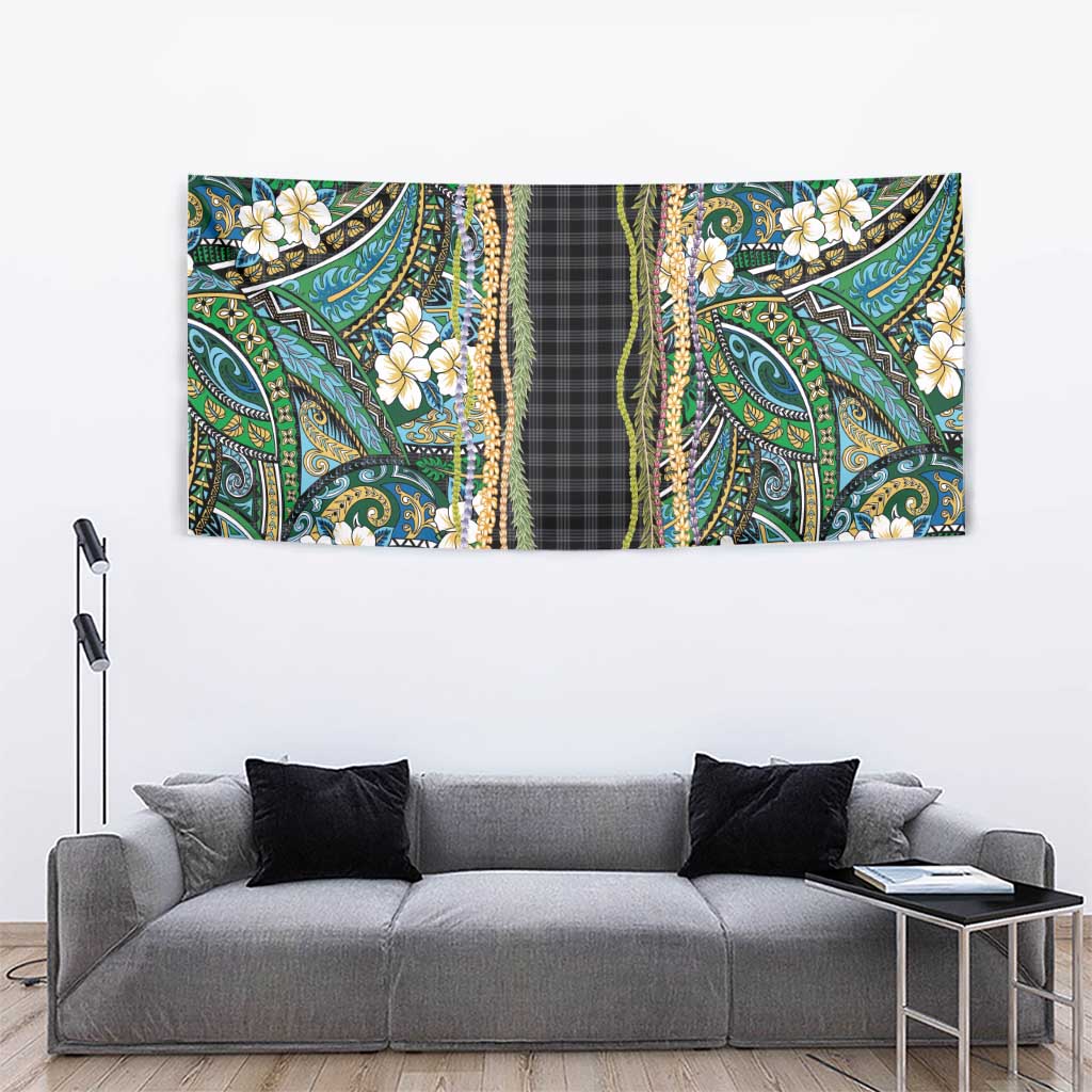 Hawaiian Art Flower Tribal with Lei Tapestry Palaka Pattern Black Color LT03 - Polynesian Pride
