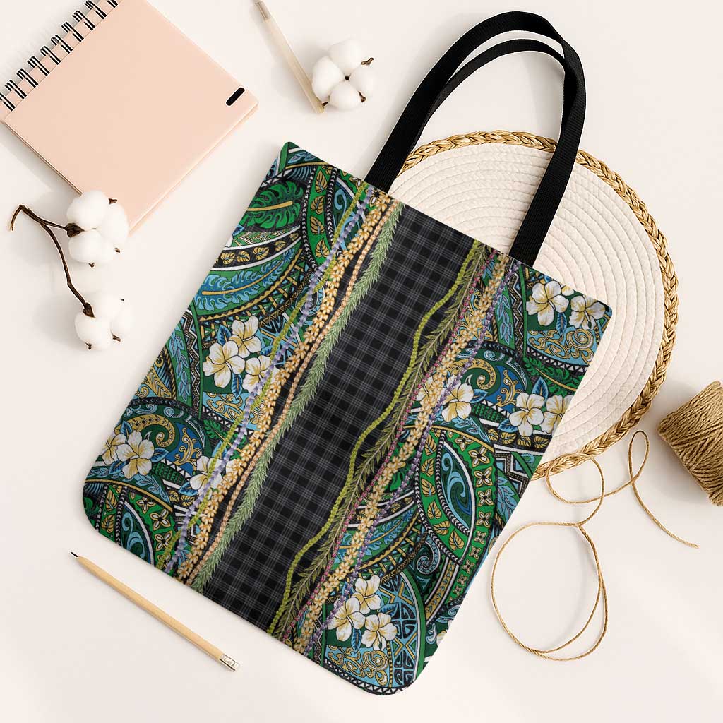 Hawaiian Art Flower Tribal with Lei Tote Bag Palaka Pattern Black Color LT03 Black Strap One Size Black - Polynesian Pride